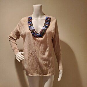 Tibi Jeweled Neck Cashmere Blend Sweater Tan L